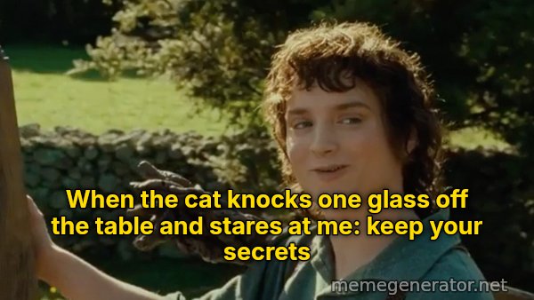 All Right Then, Keep Your Secrets meme: When the cat knocks one glass off the table and stares at me: keep your secrets